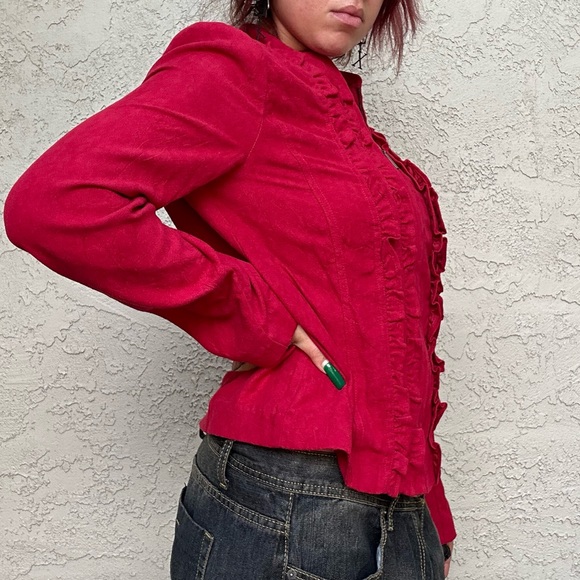 Y2k Red Velvet Zip Up Ruffle Long Sleeve Top or Jacket - Picture 8 of 10